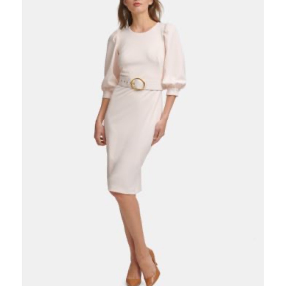Calvin Klein Sheath Dress Puff Sleeve Belted Career Blush Pink Size 14